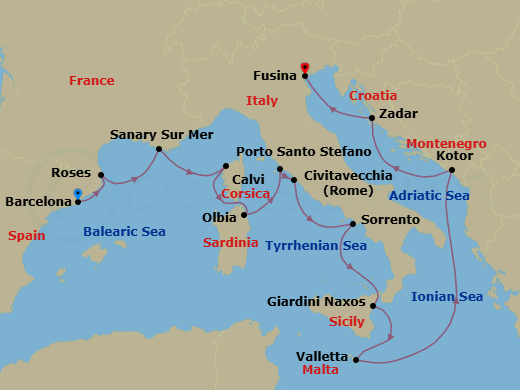 14 Night - Spain, France, Italy, Croatia & Malta - Seabourn Ovation - Starting in Barcelona, Spain, Rosas (Roses), Spain, Sanary-sur-Mer, France, Calvi, Corsica, France, Olbia, Sardinia, Italy, Porto Santo Stefano, Italy, Civitavecchia (Rome), Italy, Sorrento, Italy, Giardini Naxos (Taormina), Italy, Valletta, Malta, Kotor, Montenegro, Zadar, Croatia, Fusina (Venice), Italy itinerary map