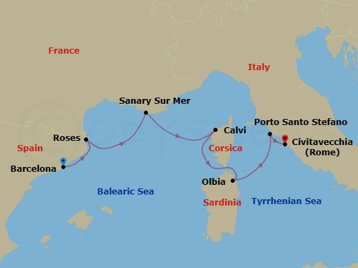 7 Night - Hidden Gems of Spain, Corsica & Sardinia - Seabourn Ovation - Starting in Barcelona, Spain, Rosas (Roses), Spain, Sanary-sur-Mer, France, Calvi, Corsica, France, Olbia, Sardinia, Italy, Porto Santo Stefano, Italy, Civitavecchia (Rome), Italy itinerary map