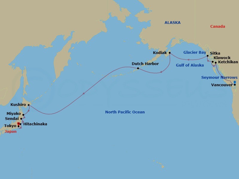 20 Night - Japan, Alaska, Glacier Bay & Pacific Crossing - Seabourn Encore - Starting in Vancouver, BC, CA, Transit the Seymour Narrows, Cruising the Queen Charlotte Sound, Ketchikan, Alaska, Klawock, Alaska, Sitka, Alaska, Glacier Bay, Kodiak, Alaska, Dutch Harbor, Alaska, Cross International Dateline, Kushiro, Japan, Miyako, Japan, Sendai, Japan, Hitachinaka, Japan itinerary map