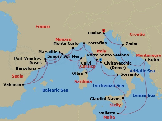 21 Night - Mediterranean Mosaic : Italy, France, Spain & Malta - Seabourn Ovation - Starting in Civitavecchia (Rome), Italy, Portofino, Italy, Monte Carlo, Monaco, La Joliette (Marseille), France, Port-Vendres, France, Valencia, Spain, Barcelona, Spain, Rosas (Roses), Spain, Sanary-sur-Mer, France, Calvi, Corsica, France, Olbia, Sardinia, Italy, Porto Santo Stefano, Italy, Civitavecchia (Rome), Italy, Sorrento, Italy, Giardini Naxos (Taormina), Italy, Valletta, Malta, Kotor, Montenegro, Zadar, Croatia, Fusina (Venice), Italy itinerary map