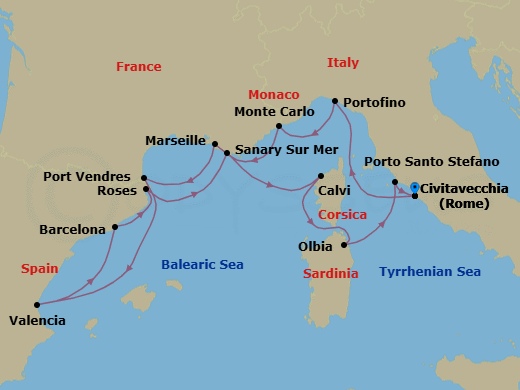 14 Night - Italy, Monaco, France & Spain - Seabourn Ovation - Starting in Civitavecchia (Rome), Italy, Portofino, Italy, Monte Carlo, Monaco, La Joliette (Marseille), France, Port-Vendres, France, Valencia, Spain, Barcelona, Spain, Rosas (Roses), Spain, Sanary-sur-Mer, France, Calvi, Corsica, France, Olbia, Sardinia, Italy, Porto Santo Stefano, Italy, Civitavecchia (Rome), Italy itinerary map