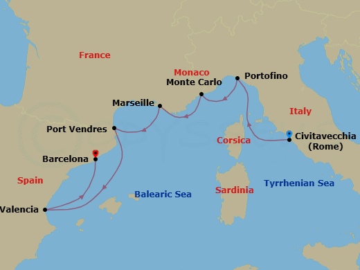 7 Night - Monaco, Italy, France & Spain - Seabourn Ovation - Starting in Civitavecchia (Rome), Italy, Portofino, Italy, Monte Carlo, Monaco, La Joliette (Marseille), France, Port-Vendres, France, Valencia, Spain, Barcelona, Spain itinerary map