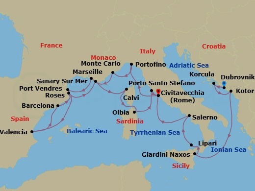 21 Night - Mediterranean Mosaic : Croatia, Italy, France & Spain - Seabourn Ovation - Starting in Dubrovnik, Croatia, Korcula, Croatia, Kotor, Montenegro, Giardini Naxos (Taormina), Italy, Lipari, Italy, Salerno, Italy, Civitavecchia (Rome), Italy, Portofino, Italy, Monte Carlo, Monaco, La Joliette (Marseille), France, Port-Vendres, France, Valencia, Spain, Barcelona, Spain, Rosas (Roses), Spain, Sanary-sur-Mer, France, Calvi, Corsica, France, Olbia, Sardinia, Italy, Porto Santo Stefano, Italy, Civitavecchia (Rome), Italy itinerary map