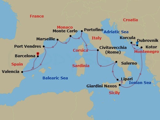 14 Night - Croatia, Montenegro, Italy, Monaco & France - Seabourn Ovation - Starting in Dubrovnik, Croatia, Korcula, Croatia, Kotor, Montenegro, Giardini Naxos (Taormina), Italy, Lipari, Italy, Salerno, Italy, Civitavecchia (Rome), Italy, Portofino, Italy, Monte Carlo, Monaco, La Joliette (Marseille), France, Port-Vendres, France, Valencia, Spain, Barcelona, Spain itinerary map