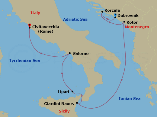 7 Night - Croatia, Montenegro & Italy - Seabourn Ovation - Starting in Dubrovnik, Croatia, Korcula, Croatia, Kotor, Montenegro, Giardini Naxos (Taormina), Italy, Lipari, Italy, Salerno, Italy, Civitavecchia (Rome), Italy itinerary map