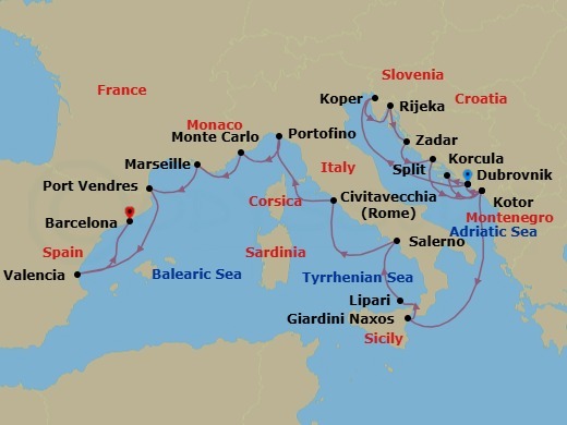 21 Night - Mediterranean Mosaic : Croatia, Italy & France - Seabourn Ovation - Starting in Dubrovnik, Croatia, Koper, Slovenia, Rijeka, Croatia, Zadar, Croatia, Split, Croatia, Kotor, Montenegro, Dubrovnik, Croatia, Korcula, Croatia, Kotor, Montenegro, Giardini Naxos (Taormina), Italy, Lipari, Italy, Salerno, Italy, Civitavecchia (Rome), Italy, Portofino, Italy, Monte Carlo, Monaco, La Joliette (Marseille), France, Port-Vendres, France, Valencia, Spain, Barcelona, Spain itinerary map