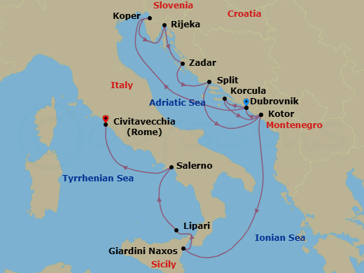 14 Night - Slovenia, Croatia, Montenegro & Italy - Seabourn Ovation - Starting in Dubrovnik, Croatia, Koper, Slovenia, Rijeka, Croatia, Zadar, Croatia, Split, Croatia, Kotor, Montenegro, Dubrovnik, Croatia, Korcula, Croatia, Kotor, Montenegro, Giardini Naxos (Taormina), Italy, Lipari, Italy, Salerno, Italy, Civitavecchia (Rome), Italy itinerary map