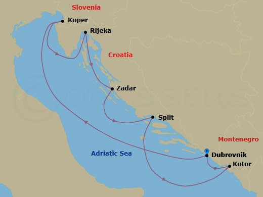 7 Night - Slovenia, Croatia & Montenegro - Seabourn Ovation - Starting in Dubrovnik, Croatia, Koper, Slovenia, Rijeka, Croatia, Zadar, Croatia, Split, Croatia, Kotor, Montenegro, Dubrovnik, Croatia itinerary map