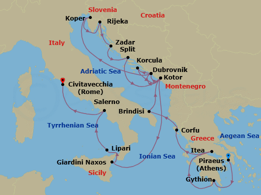 21 Night - Mediterranean Mosaic : Greece, Italy & Dalmatian Gems - Seabourn Ovation - Starting in Piraeus (Athens), Greece, Gythion (Sparta), Greece, Itea (Delphi), Greece, Corfu, Greece, Brindisi (Lecce), Italy, Kotor, Montenegro, Dubrovnik, Croatia, Koper, Slovenia, Rijeka, Croatia, Zadar, Croatia, Split, Croatia, Kotor, Montenegro, Dubrovnik, Croatia, Korcula, Croatia, Kotor, Montenegro, Giardini Naxos (Taormina), Italy, Lipari, Italy, Salerno, Italy, Civitavecchia (Rome), Italy itinerary map