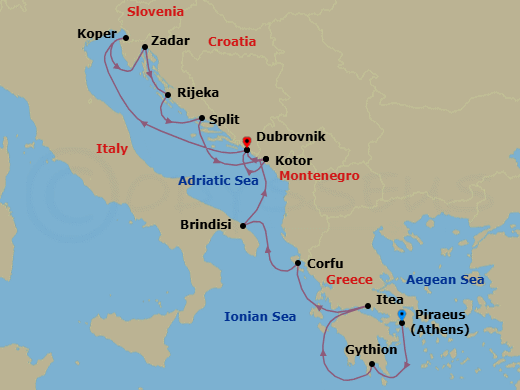 14 Night - Ancient Greek Ports, Italy & Dalmatian Gems - Seabourn Ovation - Starting in Piraeus (Athens), Greece, Gythion (Sparta), Greece, Itea (Delphi), Greece, Corfu, Greece, Brindisi (Lecce), Italy, Kotor, Montenegro, Dubrovnik, Croatia, Koper, Slovenia, Rijeka, Croatia, Zadar, Croatia, Split, Croatia, Kotor, Montenegro, Dubrovnik, Croatia itinerary map