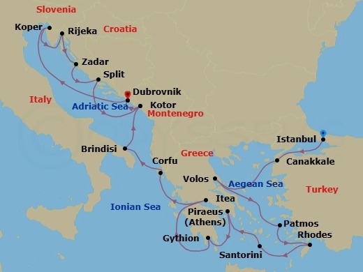 21 Night - Mediterranean Mosaic : Turkey, Greece & Croatia - Seabourn Ovation - Starting in Istanbul, Turkey, Canakkale, Turkey, Volos, Greece, Patmos, Greece, Rhodes, Greece, Santorini, Greece, Piraeus (Athens), Greece, Gythion (Sparta), Greece, Itea (Delphi), Greece, Corfu, Greece, Brindisi (Lecce), Italy, Kotor, Montenegro, Dubrovnik, Croatia, Koper, Slovenia, Rijeka, Croatia, Zadar, Croatia, Split, Croatia, Kotor, Montenegro, Dubrovnik, Croatia itinerary map