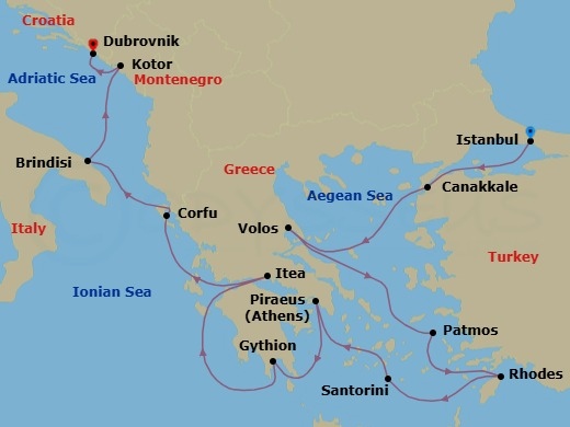 14 Night - Hidden Gems of Turkey, Ancient Greek Ports & Italy - Seabourn Ovation - Starting in Istanbul, Turkey, Canakkale, Turkey, Volos, Greece, Patmos, Greece, Rhodes, Greece, Santorini, Greece, Piraeus (Athens), Greece, Gythion (Sparta), Greece, Itea (Delphi), Greece, Corfu, Greece, Brindisi (Lecce), Italy, Kotor, Montenegro, Dubrovnik, Croatia itinerary map
