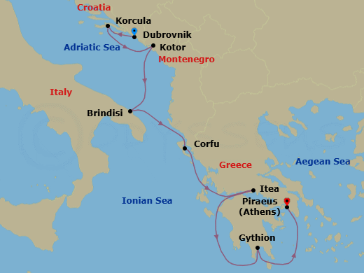 8 Night - Croatia, Montenegro, Italy & Greece - Seabourn Ovation - Starting in Dubrovnik, Croatia, Korcula, Croatia, Kotor, Montenegro, Brindisi (Lecce), Italy, Corfu, Greece, Itea (Delphi), Greece, Gythion (Sparta), Greece, Piraeus (Athens), Greece itinerary map