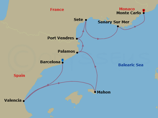 8 Night - Spanish & French Coastal Charm - Seabourn Ovation - Starting in Barcelona, Spain, Valencia, Spain, Mahon, Menorca, Spain, Palamos, Spain, Port-Vendres, France, Sete, France, Sanary-sur-Mer, France, Monte Carlo, Monaco itinerary map