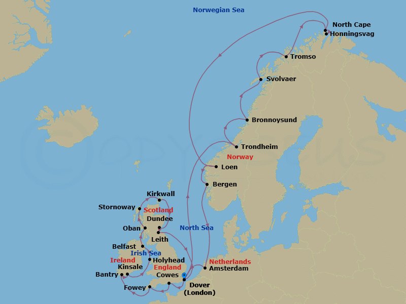 28 Night - the British Isles & Norwegian Fjords - Seabourn Quest - Starting in Dover UK (London), England, Cowes, Isle of Wight, England, UK, Fowey, Cornwall, United Kingdom, Bantry, Ireland, Kinsale, Ireland, Holyhead, Wales, United Kingdom, Belfast, Northern Ireland, United Kingdom, Oban UK, Scotland, Stornoway, Isle of Lewis, Scotland, United Kingdom, Kirkwall, Scotland, United Kingdom, Dundee, UK, Leith (Edinburgh), Scotland, United Kingdom, Dover UK (London), England, Trondheim, Norway, Bronnoysund, Norway, Svolvaer (Lofoten), Norway, Tromso, Norway, Honningsvag, Norway, Scenic Cruising North Cape, Scenic Cruising Nordfjord, Loen (Olden), Norway, Bergen, Norway, Amsterdam, the Netherlands, Dover UK (London), England itinerary map