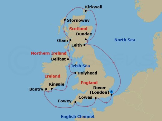 14 Night - Jewels of the British Isles - Seabourn Quest - Starting in Dover UK (London), England, Cowes, Isle of Wight, England, UK, Fowey, Cornwall, United Kingdom, Bantry, Ireland, Kinsale, Ireland, Holyhead, Wales, United Kingdom, Belfast, Northern Ireland, United Kingdom, Oban UK, Scotland, Stornoway, Isle of Lewis, Scotland, United Kingdom, Kirkwall, Scotland, United Kingdom, Dundee, UK, Leith (Edinburgh), Scotland, United Kingdom, Dover UK (London), England itinerary map