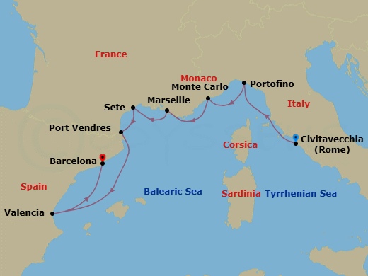 8 Night - Monaco, Italy, France & Spain - Seabourn Ovation - Starting in Civitavecchia (Rome), Italy, Portofino, Italy, Monte Carlo, Monaco, La Joliette (Marseille), France, Sete, France, Port-Vendres, France, Valencia, Spain, Barcelona, Spain itinerary map