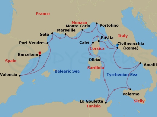 16 Night - France, Italy, Tunisia, Monaco & Spain - Seabourn Ovation - Starting in Civitavecchia (Rome), Italy, Bastia, Corsica, France, Calvi, Corsica, France, Olbia, Sardinia, Italy, La Goulette (Tunis), Tunisia, Palermo, Sicily, Italy, Amalfi, Italy, Civitavecchia (Rome), Italy, Portofino, Italy, Monte Carlo, Monaco, La Joliette (Marseille), France, Sete, France, Port-Vendres, France, Valencia, Spain, Barcelona, Spain itinerary map