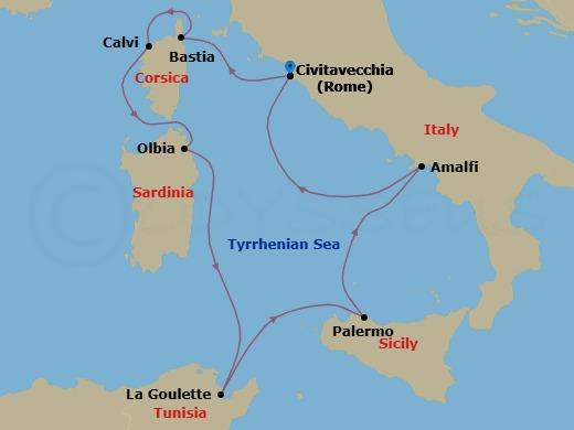8 Night - Mediterranean Islands - Seabourn Ovation - Starting in Civitavecchia (Rome), Italy, Bastia, Corsica, France, Calvi, Corsica, France, Olbia, Sardinia, Italy, La Goulette (Tunis), Tunisia, Palermo, Sicily, Italy, Amalfi, Italy, Civitavecchia (Rome), Italy itinerary map