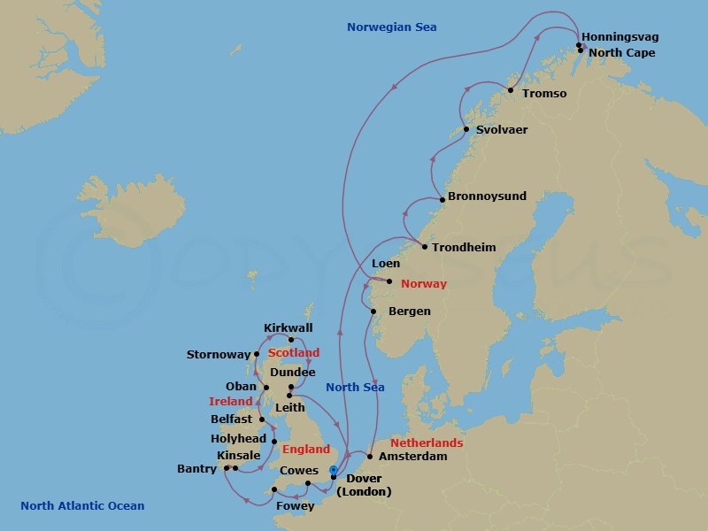 28 Night - Midnight Sun Midsummer & the British Isles - Seabourn Quest - Starting in Dover UK (London), England, Trondheim, Norway, Bronnoysund, Norway, Svolvaer (Lofoten), Norway, Tromso, Norway, Honningsvag, Norway, Scenic Cruising North Cape, Scenic Cruising Nordfjord, Loen (Olden), Norway, Bergen, Norway, Amsterdam, the Netherlands, Dover UK (London), England, Cowes, Isle of Wight, England, UK, Fowey, Cornwall, United Kingdom, Bantry, Ireland, Kinsale, Ireland, Holyhead, Wales, United Kingdom, Belfast, Northern Ireland, United Kingdom, Oban UK, Scotland, Stornoway, Isle of Lewis, Scotland, United Kingdom, Kirkwall, Scotland, United Kingdom, Dundee, UK, Leith (Edinburgh), Scotland, United Kingdom, Dover UK (London), England itinerary map