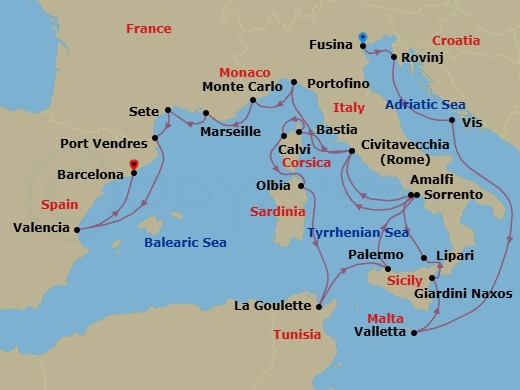 24 Night - Mediterranean Mosaic : Croatia, Italy, France & Spain - Seabourn Ovation - Starting in Fusina (Venice), Italy, Rovinj, Croatia, Vis Island, Croatia, Valletta, Malta, Giardini Naxos (Taormina), Italy, Lipari, Italy, Sorrento, Italy, Civitavecchia (Rome), Italy, Bastia, Corsica, France, Calvi, Corsica, France, Olbia, Sardinia, Italy, La Goulette (Tunis), Tunisia, Palermo, Sicily, Italy, Amalfi, Italy, Civitavecchia (Rome), Italy, Portofino, Italy, Monte Carlo, Monaco, La Joliette (Marseille), France, Sete, France, Port-Vendres, France, Valencia, Spain, Barcelona, Spain itinerary map