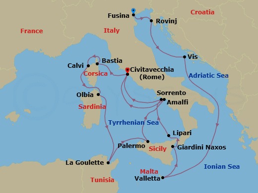 16 Night - Croatia, Malta, Italy, France & Tunisia - Seabourn Ovation - Starting in Fusina (Venice), Italy, Rovinj, Croatia, Vis Island, Croatia, Valletta, Malta, Giardini Naxos (Taormina), Italy, Lipari, Italy, Sorrento, Italy, Civitavecchia (Rome), Italy, Bastia, Corsica, France, Calvi, Corsica, France, Olbia, Sardinia, Italy, La Goulette (Tunis), Tunisia, Palermo, Sicily, Italy, Amalfi, Italy, Civitavecchia (Rome), Italy itinerary map