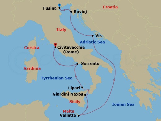 8 Night - Croatia, Malta & Italy - Seabourn Ovation - Starting in Fusina (Venice), Italy, Rovinj, Croatia, Vis Island, Croatia, Valletta, Malta, Giardini Naxos (Taormina), Italy, Lipari, Italy, Sorrento, Italy, Civitavecchia (Rome), Italy itinerary map
