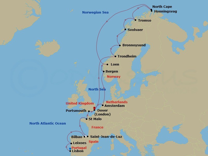 22 Night - from the Atlantic Arc to the Midnight Sun - Seabourn Quest - Starting in Lisbon, Portugal, Leixoes (Porto), Portugal, Bilbao, St Jean-de-Luz (Biarritz), France, St Malo (Le Mont Saint Michel), France, Portsmouth UK, Dover UK (London), England, Trondheim, Norway, Bronnoysund, Norway, Svolvaer (Lofoten), Norway, Tromso, Norway, Honningsvag, Norway, Scenic Cruising North Cape, Scenic Cruising Nordfjord, Loen (Olden), Norway, Bergen, Norway, Amsterdam, the Netherlands, Dover UK (London), England itinerary map
