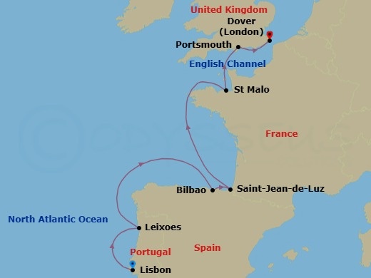 8 Night - Tides & Treasures of the Atlantic Arc - Seabourn Quest - Starting in Lisbon, Portugal, Leixoes (Porto), Portugal, Bilbao, St Jean-de-Luz (Biarritz), France, St Malo (Le Mont Saint Michel), France, Portsmouth UK, Dover UK (London), England itinerary map