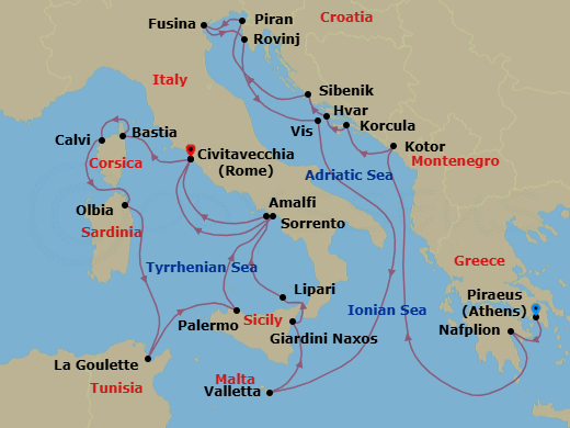 24 Night - Mediterranean Mosaic : Croatia, Corsica & Italy - Seabourn Ovation - Starting in Piraeus (Athens), Greece, Nafplion, Greece, Kotor, Montenegro, Korcula, Croatia, Hvar, Croatia, Vodice (Sibenik), Croatia, Piran, Slovenia, Fusina (Venice), Italy, Rovinj, Croatia, Vis Island, Croatia, Valletta, Malta, Giardini Naxos (Taormina), Italy, Lipari, Italy, Sorrento, Italy, Civitavecchia (Rome), Italy, Bastia, Corsica, France, Calvi, Corsica, France, Olbia, Sardinia, Italy, La Goulette (Tunis), Tunisia, Palermo, Sicily, Italy, Amalfi, Italy, Civitavecchia (Rome), Italy itinerary map