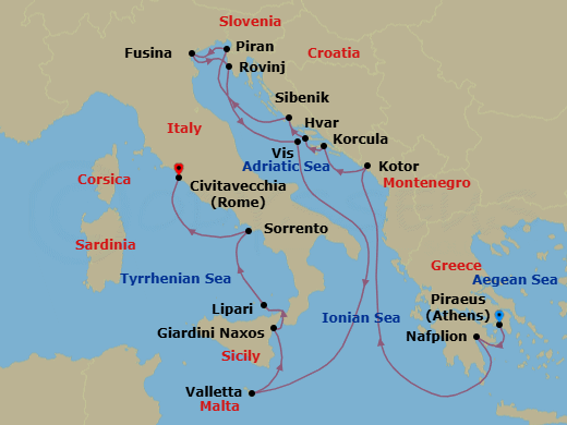 16 Night - Montenegro, Croatia, Corsica & Italy - Seabourn Ovation - Starting in Piraeus (Athens), Greece, Nafplion, Greece, Kotor, Montenegro, Korcula, Croatia, Hvar, Croatia, Vodice (Sibenik), Croatia, Piran, Slovenia, Fusina (Venice), Italy, Rovinj, Croatia, Vis Island, Croatia, Valletta, Malta, Giardini Naxos (Taormina), Italy, Lipari, Italy, Sorrento, Italy, Civitavecchia (Rome), Italy itinerary map