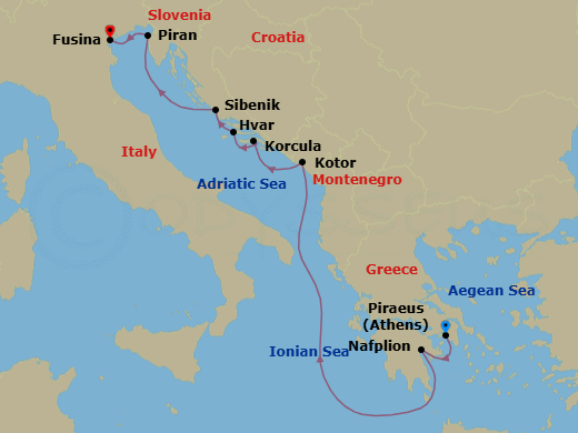 8 Night - Greece, Italy, Montenegro, Croatia & Slovenia - Seabourn Ovation - Starting in Piraeus (Athens), Greece, Nafplion, Greece, Kotor, Montenegro, Korcula, Croatia, Hvar, Croatia, Vodice (Sibenik), Croatia, Piran, Slovenia, Fusina (Venice), Italy itinerary map