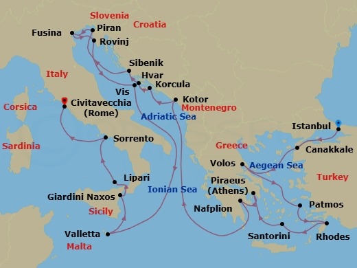23 Night - Mediterranean Mosaic : Turkey, Greece, Croatia & Italy - Seabourn Ovation - Starting in Istanbul, Turkey, Canakkale, Turkey, Volos, Greece, Patmos, Greece, Rhodes, Greece, Santorini, Greece, Piraeus (Athens), Greece, Nafplion, Greece, Kotor, Montenegro, Korcula, Croatia, Hvar, Croatia, Vodice (Sibenik), Croatia, Piran, Slovenia, Fusina (Venice), Italy, Rovinj, Croatia, Vis Island, Croatia, Valletta, Malta, Giardini Naxos (Taormina), Italy, Lipari, Italy, Sorrento, Italy, Civitavecchia (Rome), Italy itinerary map