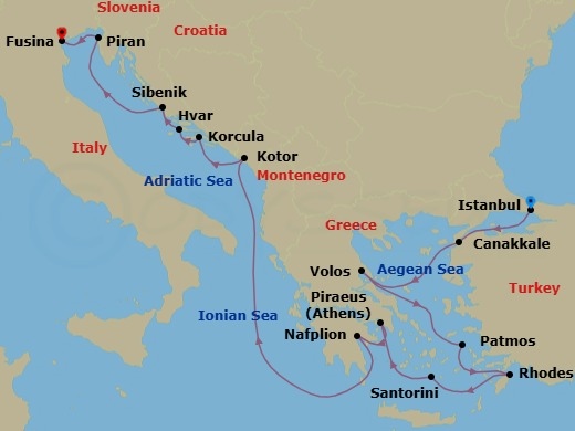 15 Night - Hidden Gems of Turkey, Greece, Croatia & Slovenia - Seabourn Ovation - Starting in Istanbul, Turkey, Canakkale, Turkey, Volos, Greece, Patmos, Greece, Rhodes, Greece, Santorini, Greece, Piraeus (Athens), Greece, Nafplion, Greece, Kotor, Montenegro, Korcula, Croatia, Hvar, Croatia, Vodice (Sibenik), Croatia, Piran, Slovenia, Fusina (Venice), Italy itinerary map