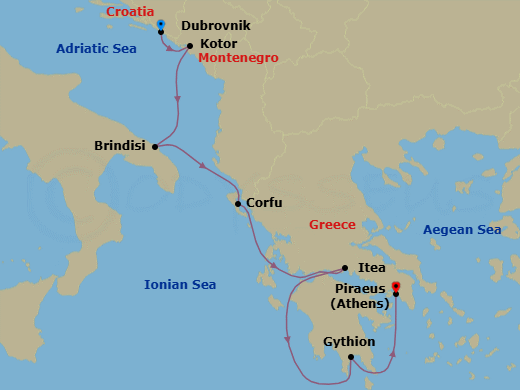 7 Night - Hidden Gems of Montenegro, Italy & Greece - Seabourn Ovation - Starting in Dubrovnik, Croatia, Kotor, Montenegro, Brindisi (Lecce), Italy, Corfu, Greece, Itea (Delphi), Greece, Gythion (Sparta), Greece, Piraeus (Athens), Greece itinerary map