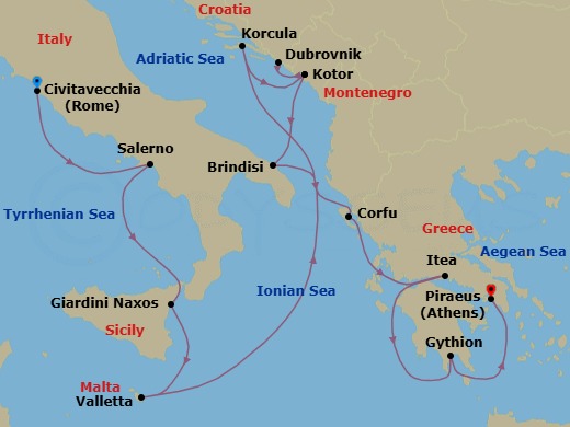 14 Night - Italy, Malta, Croatia, Montenegro & Greece - Seabourn Ovation - Starting in Civitavecchia (Rome), Italy, Salerno, Italy, Giardini Naxos (Taormina), Italy, Valletta, Malta, Korcula, Croatia, Kotor, Montenegro, Dubrovnik, Croatia, Kotor, Montenegro, Brindisi (Lecce), Italy, Corfu, Greece, Itea (Delphi), Greece, Gythion (Sparta), Greece, Piraeus (Athens), Greece itinerary map