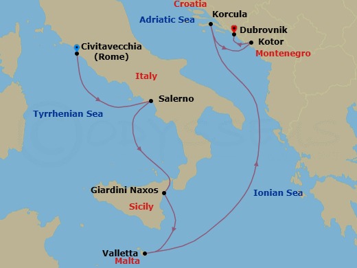 7 Night - Italy, Malta, Croatia & Montenegro - Seabourn Ovation - Starting in Civitavecchia (Rome), Italy, Salerno, Italy, Giardini Naxos (Taormina), Italy, Valletta, Malta, Korcula, Croatia, Kotor, Montenegro, Dubrovnik, Croatia itinerary map