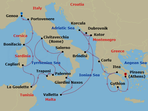 22 Night - Mediterranean Mosaic : Italy, Croatia & Greece - Seabourn Ovation - Starting in Genoa, Italy, Porto Venere, Italy, Bonifacio (Corsica), France, Cagliari, Sardinia, Italy, La Goulette (Tunis), Tunisia, Trapani, Italy, Palermo, Sicily, Italy, Civitavecchia (Rome), Italy, Salerno, Italy, Giardini Naxos (Taormina), Italy, Valletta, Malta, Korcula, Croatia, Kotor, Montenegro, Dubrovnik, Croatia, Kotor, Montenegro, Brindisi (Lecce), Italy, Corfu, Greece, Itea (Delphi), Greece, Gythion (Sparta), Greece, Piraeus (Athens), Greece itinerary map