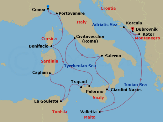 15 Night - Italy, France, Malta, Croatia & Montenegro - Seabourn Ovation - Starting in Genoa, Italy, Porto Venere, Italy, Bonifacio (Corsica), France, Cagliari, Sardinia, Italy, La Goulette (Tunis), Tunisia, Trapani, Italy, Palermo, Sicily, Italy, Civitavecchia (Rome), Italy, Salerno, Italy, Giardini Naxos (Taormina), Italy, Valletta, Malta, Korcula, Croatia, Kotor, Montenegro, Dubrovnik, Croatia itinerary map
