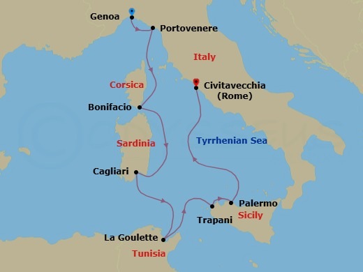 8 Night - Italy, France & Tunisia - Seabourn Ovation - Starting in Genoa, Italy, Porto Venere, Italy, Bonifacio (Corsica), France, Cagliari, Sardinia, Italy, La Goulette (Tunis), Tunisia, Trapani, Italy, Palermo, Sicily, Italy, Civitavecchia (Rome), Italy itinerary map