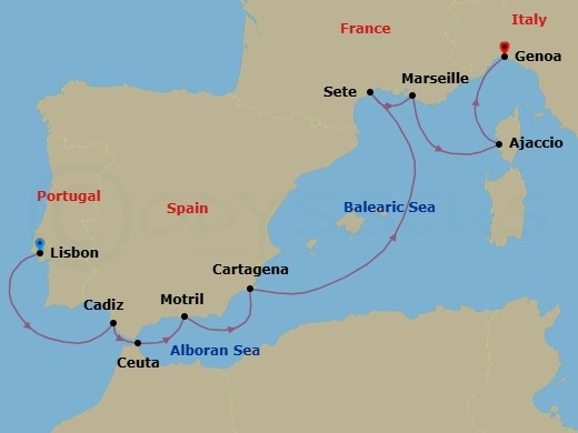 10 Night - Seville, Granada, Murcia and French Riviera - Seabourn Ovation - Starting in Lisbon, Portugal, Cadiz (Seville), Spain, Ceuta, Spanish Morocco, Spain, Motril (Granada), Spain, Cartagena ES, Sete, France, La Joliette (Marseille), France, Ajaccio, Corsica, France, Genoa, Italy itinerary map