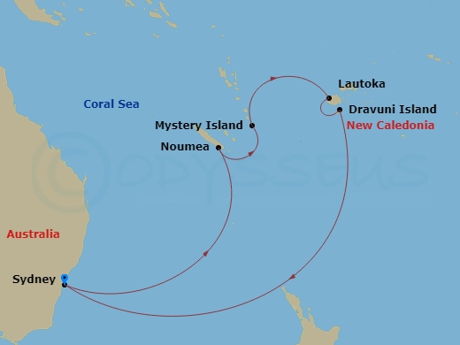 Carnival Splendor - 12 Night - Fiji & South Pacific - Carnival Splendor - Starting in Sydney AU, Noumea, New Caledonia, Mystery Island, Vanuatu, Lautoka, Fiji, Dravuni Island, Fi.. itinerary map