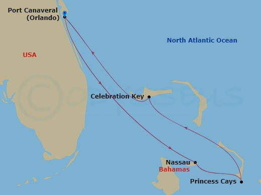 Carnival Freedom - 5 Night - Bahamas - Carnival Freedom - Starting in Port Canaveral (Orlando), Fl, Nassau, Bahamas, Princess Cays, the Bahamas, Celebration Key, the Bahamas, Po.. itinerary map