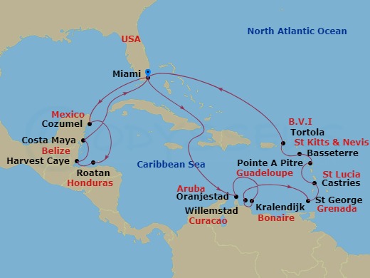 Seven Seas Mariner - 21 Night - Island Rhythm & Coastal Charm - Seven Seas Mariner - Starting in Miami, Cruising the Bahamian Waters, Cruising the Caribbean Sea, Oranjestad, Bonai.. itinerary map