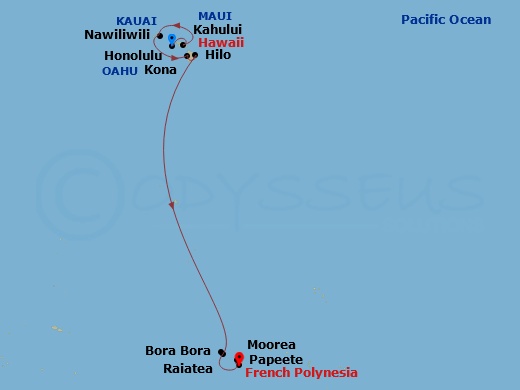 NCL Norwegian Spirit Cruise Tours - 15 Night - O'ahu Explorer Hyatt Waikiki Ocean View Cruisetour - NCL Norwegian Spirit Cruise Tours - Starting in At Hotel, Honolulu, Hi, Kahului, Maui, Hi, Naw.. itinerary map
