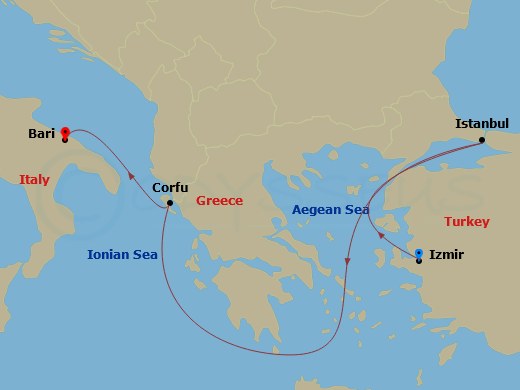 MSC Lirica - 4 Night - Izm - MSC Lirica - Starting in Izmir (Ephesus), Turkey, Istanbul, Turkey, Corfu, Greece, Bari, Italy itinerary map