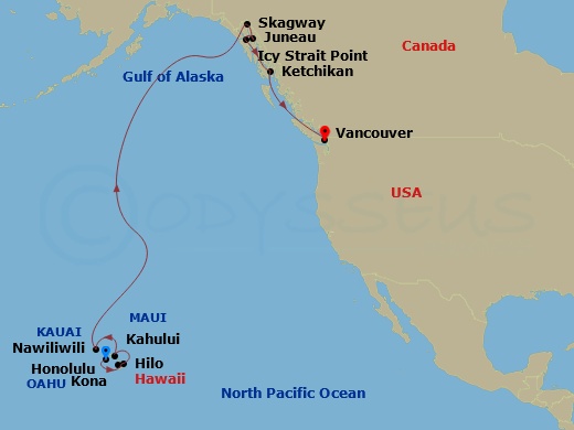 NCL Norwegian Spirit Cruise Tours - 19 Night - O'ahu Explorer Hyatt Waikiki Ocean View Cruisetour - NCL Norwegian Spirit Cruise Tours - Starting in At Hotel, Honolulu, Hi, Kona, Hi, Hilo, Hi, Ka.. itinerary map