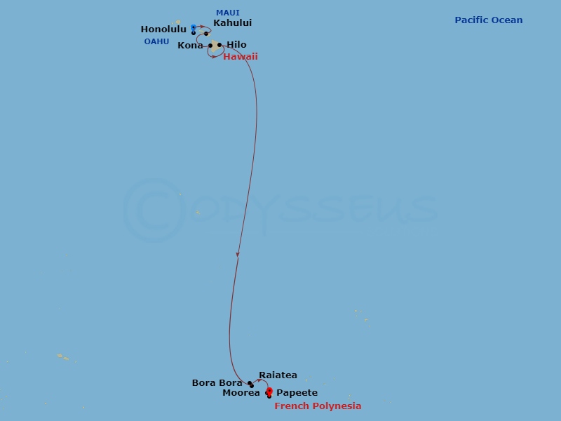 NCL Norwegian Spirit Cruise Tours - 15 Night - O'ahu Explorer Hyatt Waikiki Ocean View Cruisetour - NCL Norwegian Spirit Cruise Tours - Starting in At Hotel, Honolulu, Hi, Kahului, Maui, Hi, Kon.. itinerary map