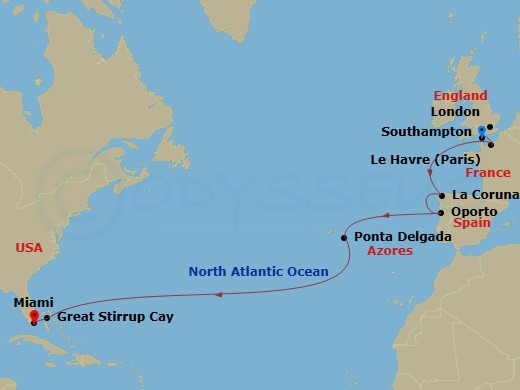 NCL Norwegian Star - 14 Night - Repo - Transatlantic - NCL Norwegian Star - Starting in London (Southampton), United Kingdom, Le Havre / Paris, France, La Coruna, Spain, Oporto, P.. itinerary map