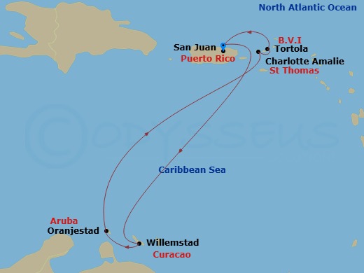 NCL Norwegian Prima - 7 Night - Southern Caribbean - San Juan - NCL Norwegian Prima - Starting in San Juan, Pr, Willemstad AN, Netherlands Antilles, Oranjestad, Aruba, St Thomas, V.. itinerary map